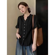 批发实拍<b class='q'>大码</b>女装2026夏季微皱垂感雪纺宽松显瘦木耳边V领衬衫上衣女