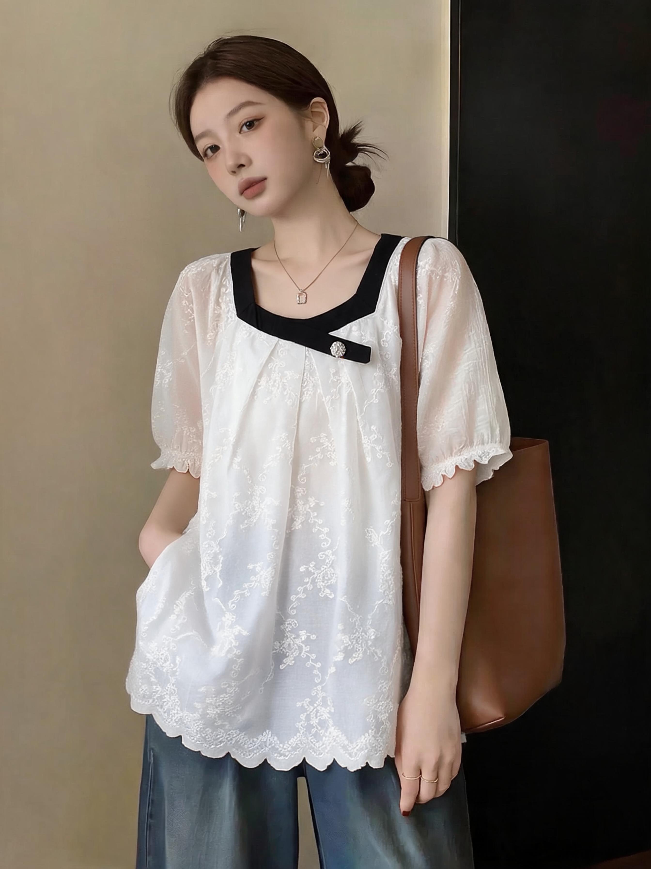 실사 2026 새로운 광장 칼라 레이스 레이스 자수 빅 사이즈 표지 고기 루즈핏 슬림해 보이는 패션 외국 가스 맨위 여성