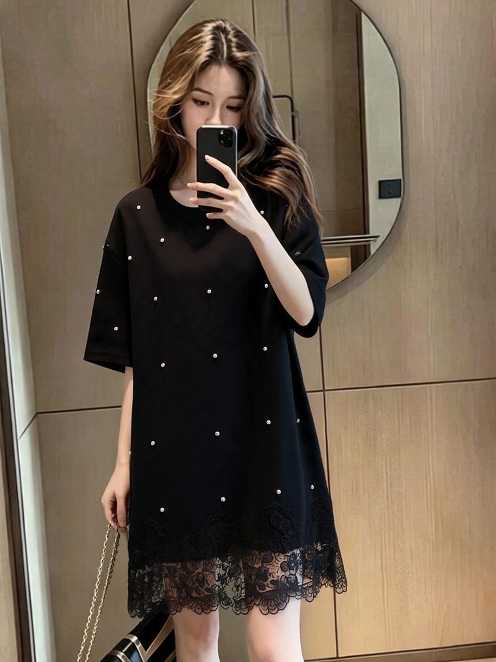 BY26487# 夏季新款重工钉珠拼接蕾丝宽松遮肉大码中长T恤上衣 服裝批發女裝批發服飾貨源