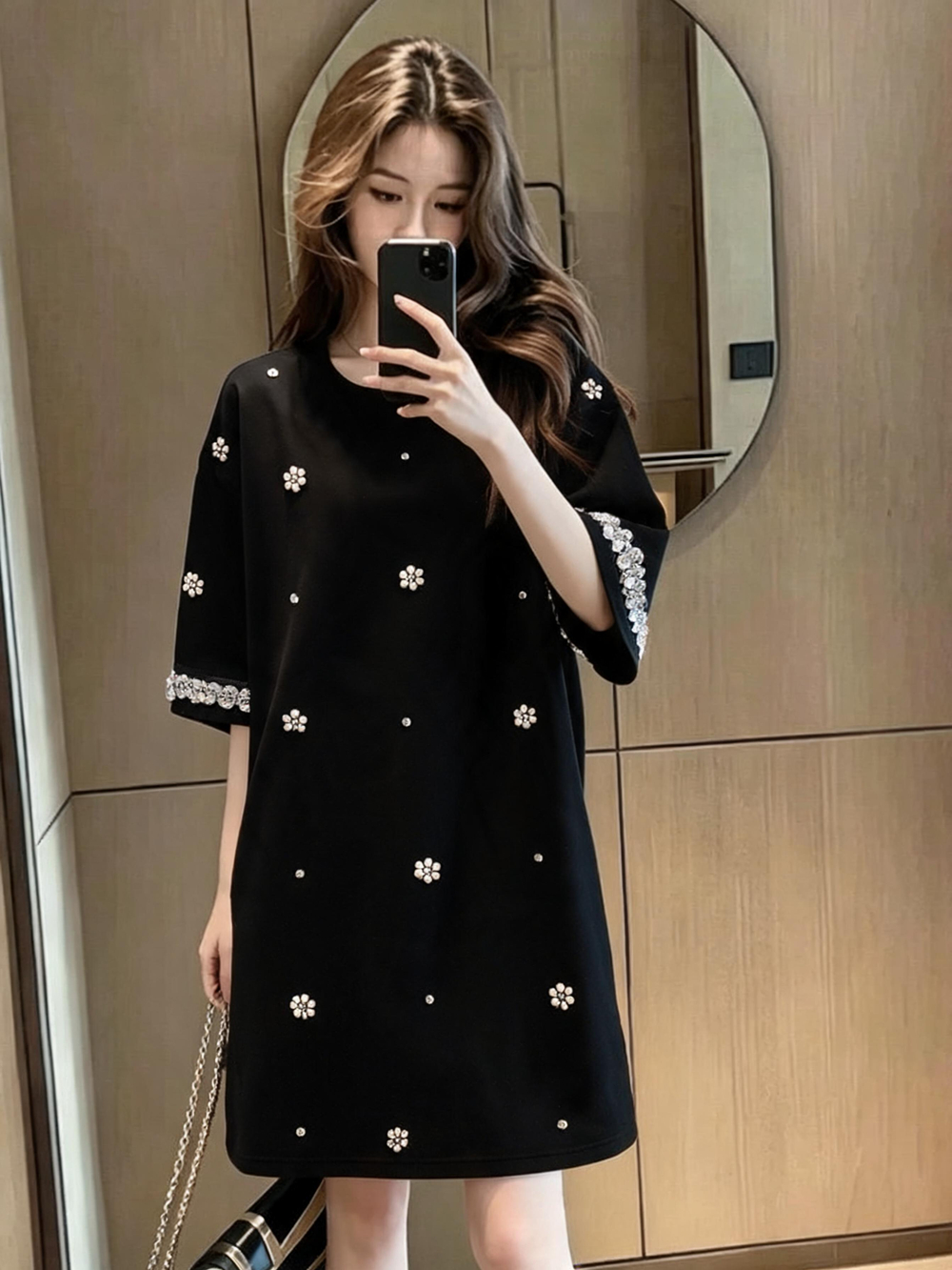 BY26488# 大码女装夏季圆领重工钉珠短袖休闲中长款宽松T恤上衣女 服裝批發女裝批發服飾貨源