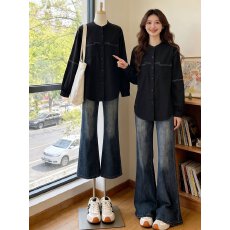 批发实拍黑色正肩长袖衬衫女时髦洋气2026新款秋季大码胖mm显瘦外套女