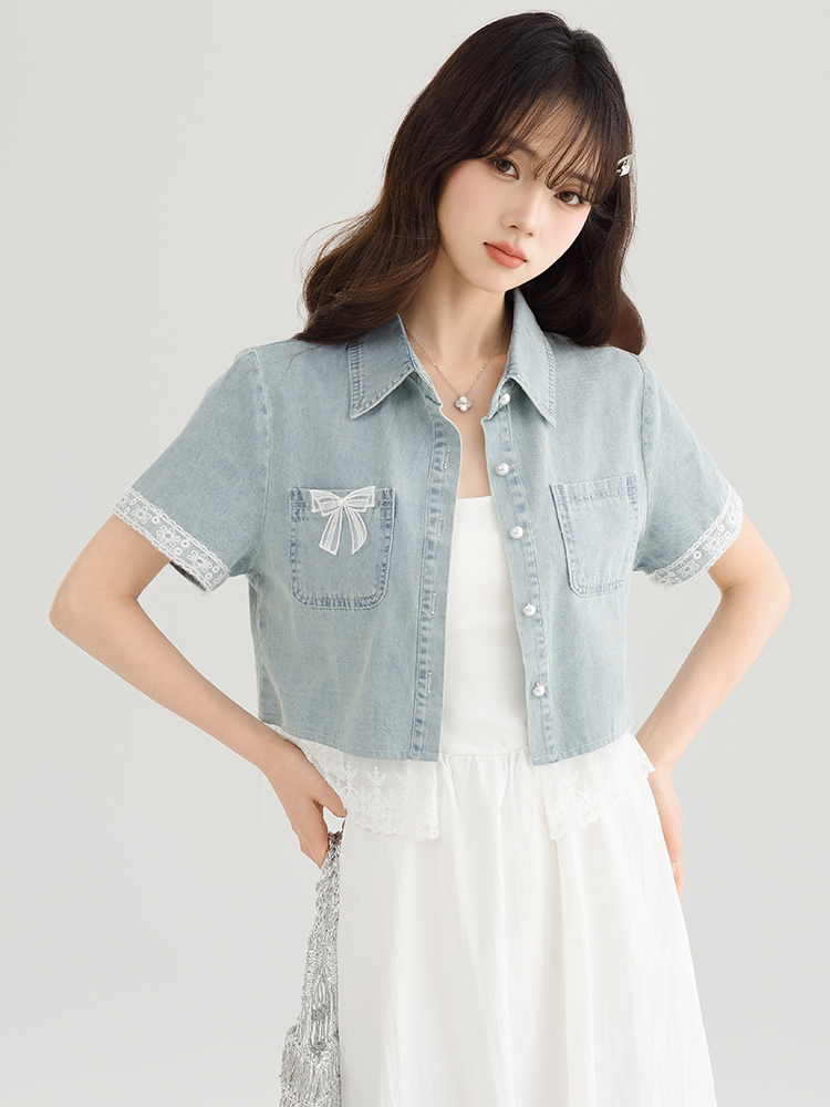 실사 레이스 레이스 패치워크 쇼트 스타일 데님 여성 코트 여름 소금 부서 착용 가져 가라. 반팔 데님 맨위 트렌디