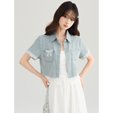 批发实拍蕾丝花边拼接短款牛仔外套女<b class='q'>夏</b>季盐系穿搭短袖牛仔上衣潮