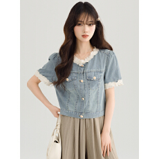 批发实拍短袖牛仔外套女<b class='q'>夏</b>季新款复古拼接圆领花边短袖小个子短款上衣