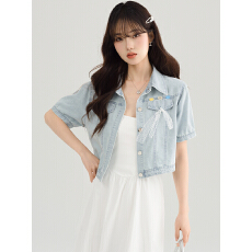 批发实拍蕾丝拼接薄款短袖牛仔外套女<b class='q'>夏</b>季新款时尚减龄外搭短款上衣