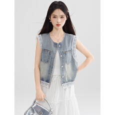 批发实拍2026夏季新款港风复古<b class='q'>牛仔</b>马甲外套女小众别致百搭圆领无袖潮