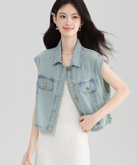 실사 하늘색 Feifei 소매 데님 베스트 여성 의류 2026 신제품 POLO 칼라 싱글 줄 버튼 루즈핏 다용도 맨위