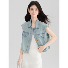 批发实拍浅蓝色飞飞袖<b class='q'>牛仔</b><b class='q'>马甲女</b>装2026新品polo领单排扣宽松百搭上衣