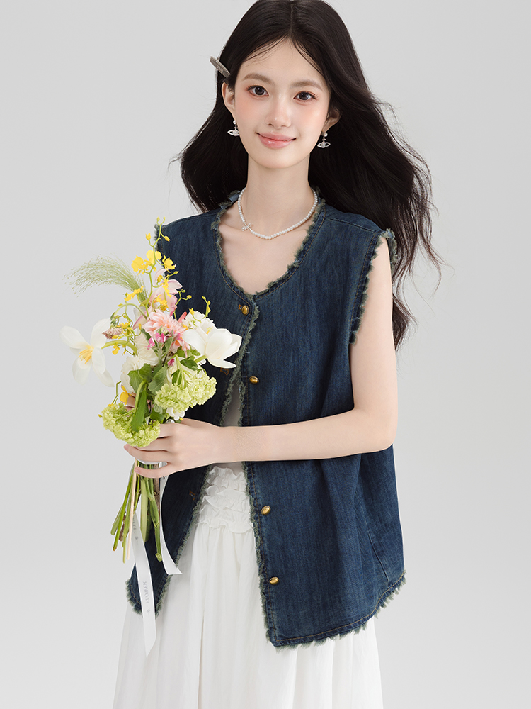 실사 데님 조끼 여자 봄 여름 루즈핏 다용도 캐주얼 한 부서 레트로 거친 가장자리 민소매 조끼 품격 조끼