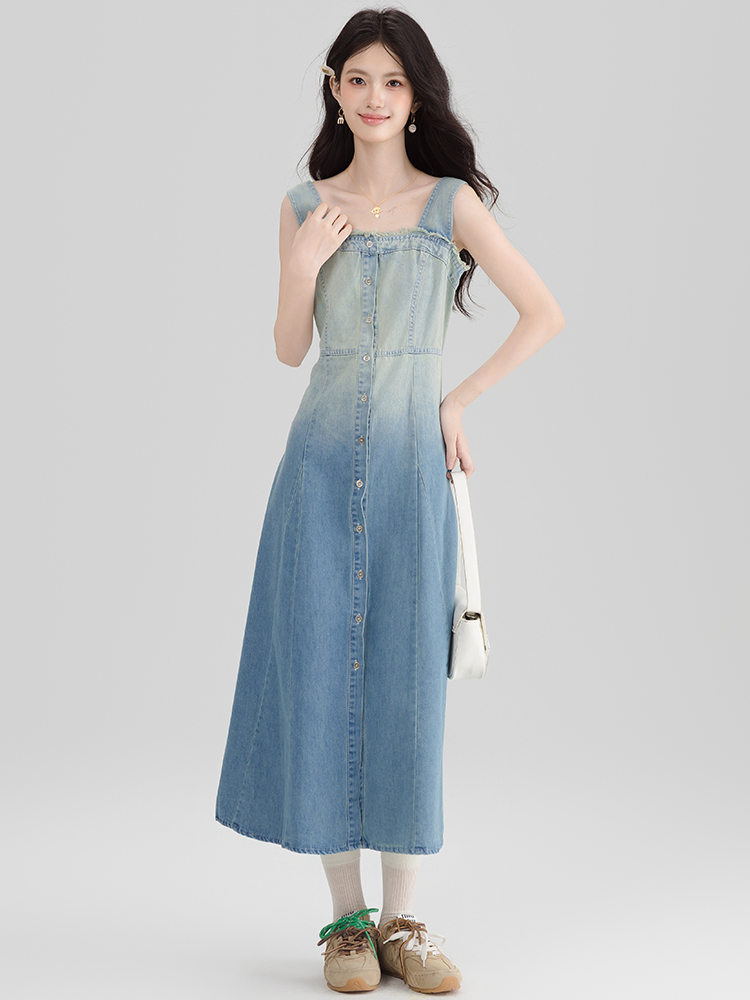 实拍渐变色复古牛仔背心吊带连衣裙女夏气质收腰毛边大摆A字长裙