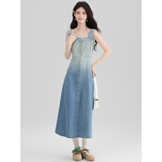 批发实拍渐变色复古牛仔背心吊带连衣裙女夏气质收腰毛边大摆A字长裙