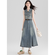 批发实拍港风复古<b class='q'>挂</b><b class='q'>脖</b>牛仔<b class='q'>连衣裙</b>女夏季独特气质露肩无袖长裙子显瘦