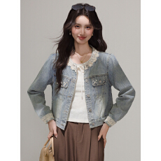 批发实拍2026春季新款韩版<b class='q'>蕾丝</b>花边拼接短款牛仔外套女长袖小个子夹克