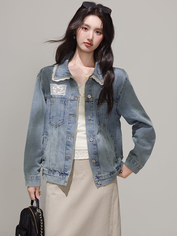 실사 파란색 한국 스타일 레이스 조각 달콤함 데님 여성 코트 봄 디자인 센스 레트로 재킷 맨위