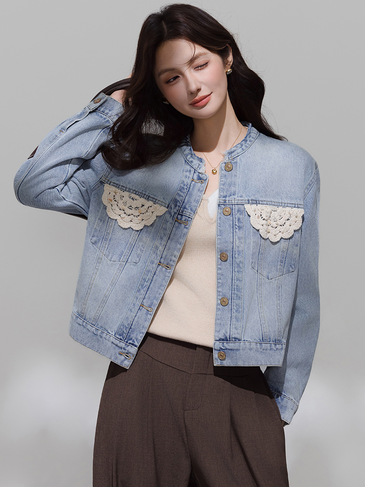 실사 봄 가을 새로운 항구 바람 레트로 레이스 쇼트 스타일 데님 여성 코트 외국 가스 몸매 가꾸기 슬림해 보이는 캐주얼 재킷