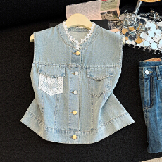 批发实拍<b class='q'>蕾丝</b>牛仔马甲女薄款夏季2026新款小个子短款外搭坎肩背心外套