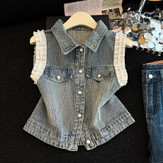 批发实拍设计感重工钉珠蕾丝拼接牛仔马甲女春夏宽松复古无袖坎肩外套
