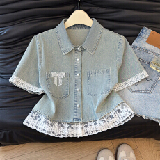 批发实拍蕾丝花边拼接短款牛仔外套女夏季盐系穿搭短袖牛仔上衣潮