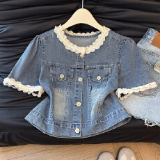 批发实拍短袖牛仔外套女夏季新款复古拼接圆领花边短袖小个子短款上衣