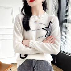 新款秋冬羊毛衫女士半高领卡通图加厚宽松打底针织衫洋气短款毛衣