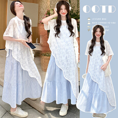 批发孕妇夏装夏天格子<b class='q'>连衣裙</b>宽松短袖罩衫两件套大码<b class='q'>连衣裙</b>套装