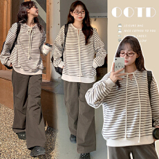 批发韩版孕妇条纹卫衣宽松型套头落肩袖春秋上衣