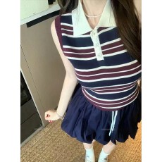 批发复古甜妹<b class='q'>套装</b>POLO领<b class='q'>条纹</b>背心女夏季高腰显瘦半身裙两件套女