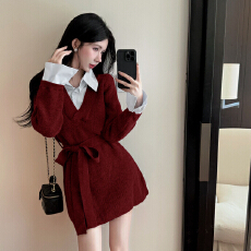 批发韩国chic秋冬复古气质翻领撞色拼接假两件绑带收腰长袖针织<b class='q'>连衣裙</b>