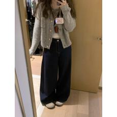 批发小香风灰色短款毛衣外套穿搭宽松慵懒风针织开衫上衣+阔腿裤