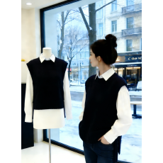 批发V领藏青色织马甲背心T恤韩系宽松百搭叠穿学院风+<b class='q'>牛仔</b>裤三件套