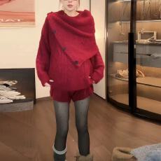 批发2025新款慵懒毛衣套装复古麻花针织上衣<b class='q'>短裤</b>围巾三件套