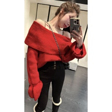 批发新年红色圣诞<b class='q'>中长款</b>一字肩<b class='q'>毛衣</b>女秋冬兔年本命年慵懒风露肩针织衫