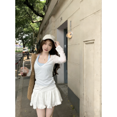 批发V领防晒长袖T恤<b class='q'>修身</b>显瘦挂脖吊带背心搭白色<b class='q'>裙</b>子三件套