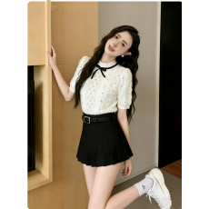 批发重工钉钻短袖针织衫女夏季名媛风蝴蝶结拼接菱格纹软糯<b class='q'>毛衣</b>上衣