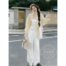 批发2026韩系穿搭一整套夏季气质防晒黄色衬打底白色<b class='q'>牛仔</b>裤三件套
