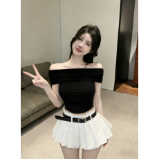 批发甜辣性感一字肩T恤女<b class='q'>修身</b>纯欲小众露肩短款上衣配白色半身百褶裙