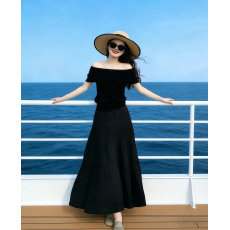 批发斜肩露肩短袖<b class='q'>针织衫</b>搭压褶半身裙女春夏新款垂感<b class='q'>宽松</b>大摆a字长裙