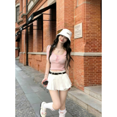 批发韩系气质穿搭一整套<b class='q'>女装</b>夏季粉色U领针织衫搭配百褶半身裙两件套