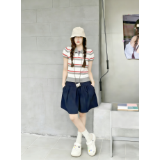 批发2026撞色<b class='q'>条纹</b>POLO领针织短袖T恤+日系松紧腰A字裙半身裙两件套潮