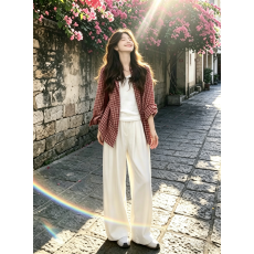 批发夏上新！慵懒风红色格子长袖衬衫女高级感宽松阔腿裤三件套装