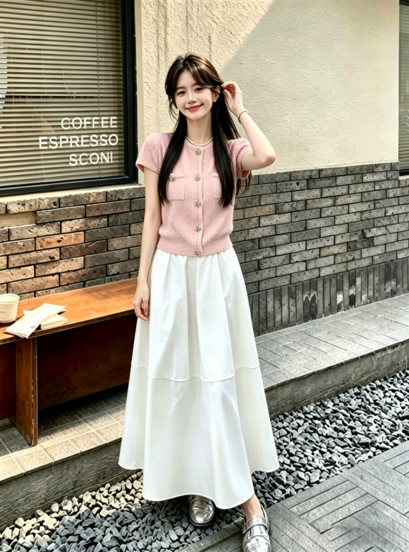 쇼트 스타일 라운드 넥 더블 주머니 루즈핏 디자인 센스 얇은 스타일 Chic 여성 코트 가져 가라. 하이웨이스트 반신 스커트 패션 투피스 세트
