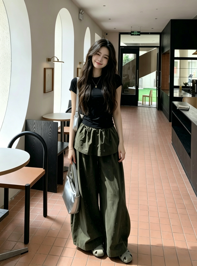 한 부서 느슨함 센스 착용 가져 가라. 세트 여름 몸매 가꾸기 슬림해 보이는 긍정적 인 어깨 티셔츠 페이크 레이어드 방귀 커튼 와이드 레그 팬츠 투피스 세트