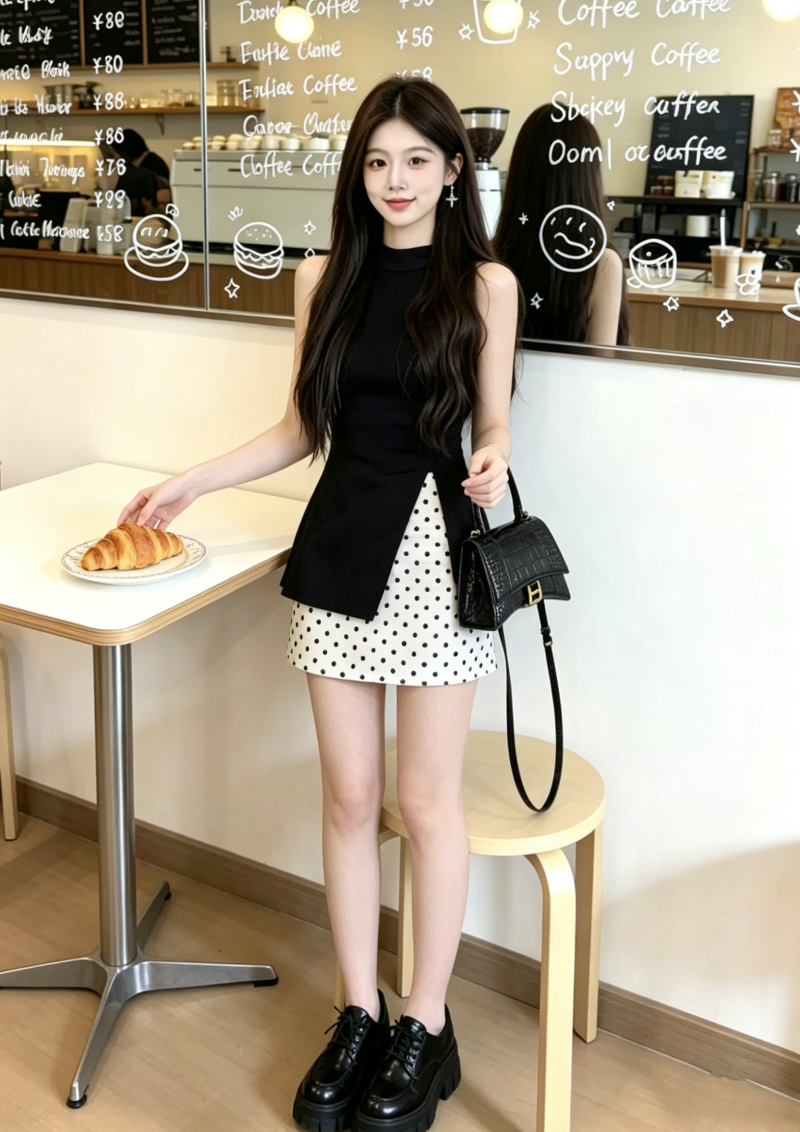 검정색 레이스업 나비 매듭 민소매 트임 조끼 여성 여름 외출용 달콤한 매운맛 맨위 반신 치마 세트