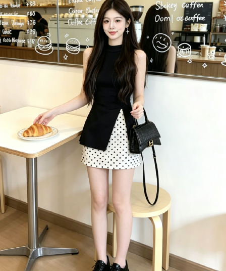 검정색 레이스업 나비 매듭 민소매 트임 조끼 여성 여름 외출용 달콤한 매운맛 맨위 반신 치마 세트