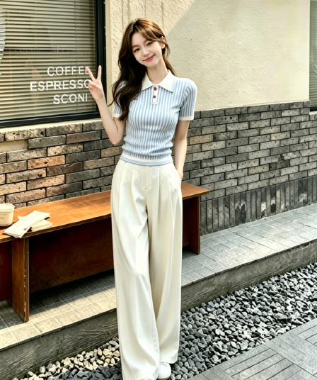 마이크로 이른 아침 여름 새로운 POLO 셔츠 맨위 세로 줄무늬 풀오버 반팔 니트 스웨터 여성