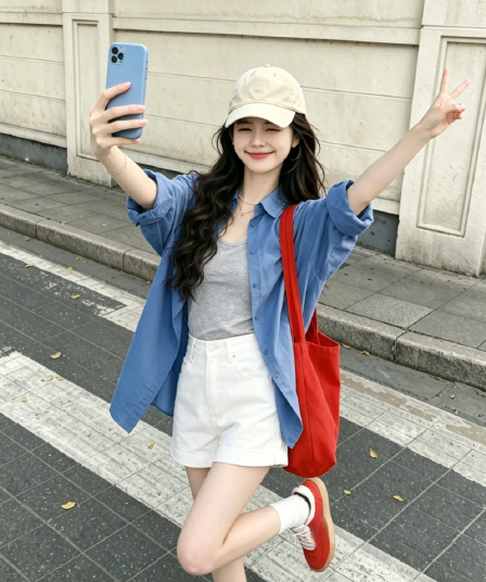 여름 작은 키 착용 가져 가라. 전체 집합 순수한 우유 乖離 도파민 빛 요리 한 바람 파란색 셔츠 짧은 바지 투피스 세트