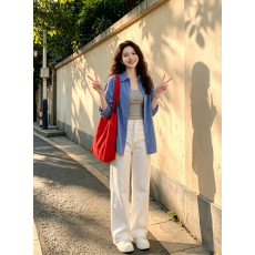 批发夏上新！克莱因蓝色防晒衬衫外套女配吊带外搭阔腿裤三件套装