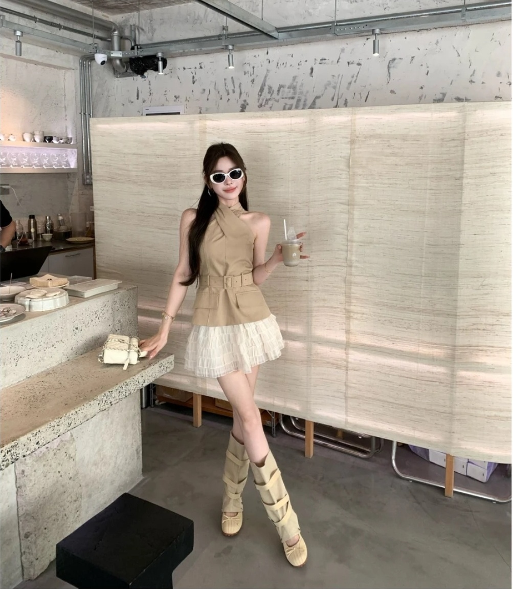 쌀 Na 홈 감기 원 웨이 카키 색 십자가 벨트 조끼 베이지 색 쉬폰 무거운 작업 층 반 스커트