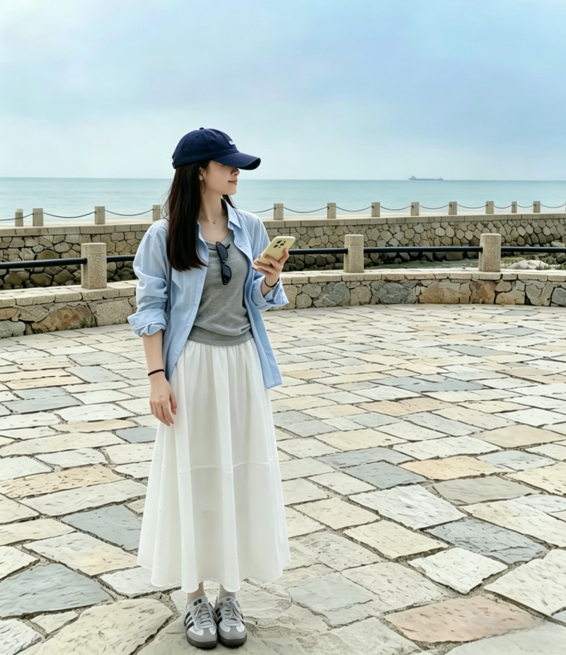 여름 켜기 새로운 프랑스식 슈퍼 잘 생긴 파란색 긴팔 셔츠 루즈핏 캐주얼 반신 스커트 투피스 슈트