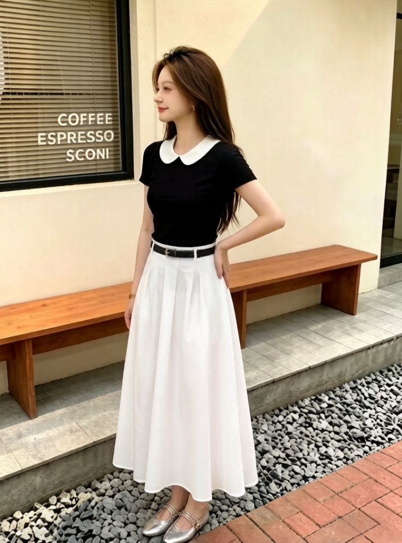 한 부서 chic Chic 투피스 세트 품격 연령 감소 베이비 칼라 반팔 티셔츠 여성 표지 넓적 다리 하이웨이스트 반신 치마 세트